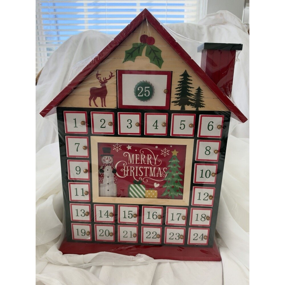 Advent Calendar 25 Days Christmas Log Cabin Wooden House Drawers Kirkland SEALED
